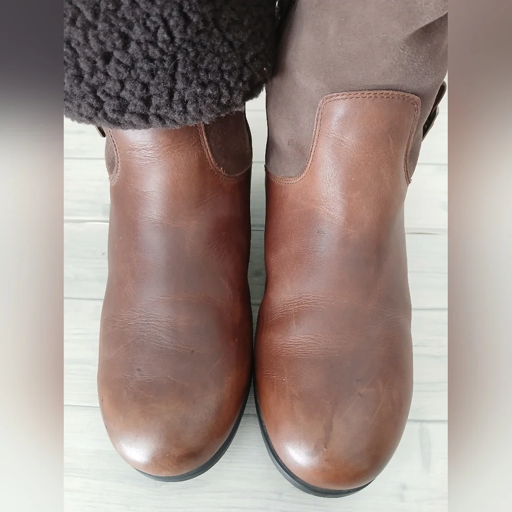 UGG Women's Brown LEATHER Bellvue Ankle Tall SHEARLING Cuff BOOTS shoes Size 8.5 - Picture 11 of 14